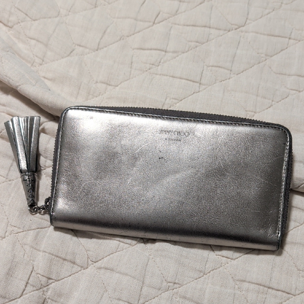 Jimmy Choo Athini Metallic Silver Gunmetal Gray Zip Around Wallet